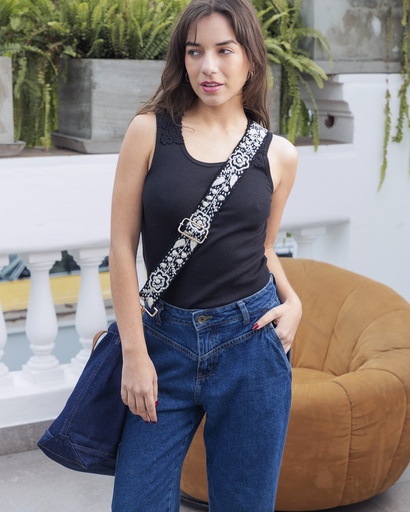 Tote denim asas cuero + strap lana de oveja